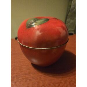 Vintage Red‎ Apple Metal Tin Container Decorative Fruit Canister with Leaf Lid